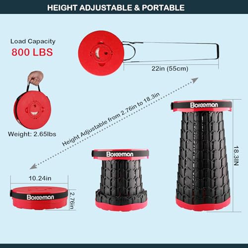 Image of Boreeman 2026 Upgraded Collapsible Stool Lightweight Yet Sturdy with Load Capacity 800lbs Portable Folding Stool for Camping Fishing Hiking BBQ (Red)