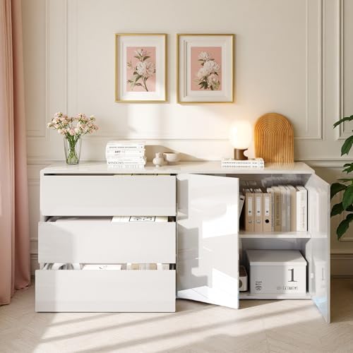 LieABak Aparador brillante con 3 cajones y 2 puertas, armario lateral de cocina con LED, armario multiusos (blanco, 160 x 35 x 76 cm)