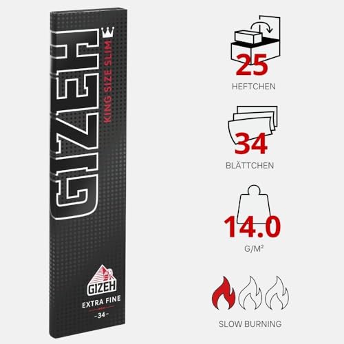 GIZEH BLACK King Size Slim Blättchen zum Selbstdrehen - Packung mit Magnetverschluss, recyclebar - 25er Pack á 34 Premium Rolling Paper (14 g/m²)