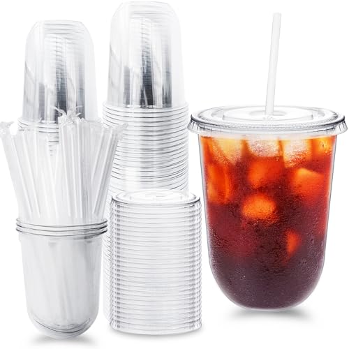 Alaeseje 50 Pack Clear Plastic Cups with Lids and Straws 16 oz Disposable Iced Coffee Cups PET Crystal Cups Round Bottom To Go Cup for Iced Coffee Juice Smoothie Cold Beverage