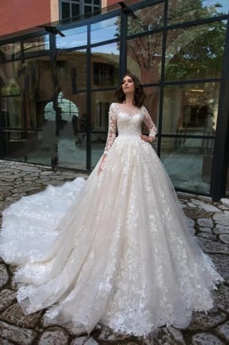 Jorshiman Long Sleeve Wedding Dresses for Bride Princess A Line Wedding Ball Gown Tulle Lace Beach Bridal Gowns with Train3
