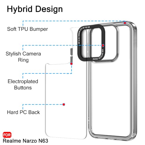 Image of TheGiftKart Hybrid Shockproof Back Cover Case for Realme C63 / Narzo N63 | Stylish Camera Border | Electroplated Buttons | Crystal Clear Hard Back Cover Case (TPU & PC, Smoked Bumper)