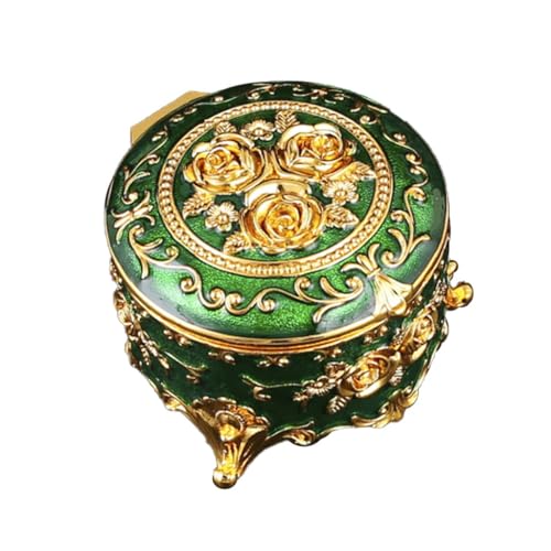 Boîte à bijoux en métal émail vert, coffret de rangement vintage
