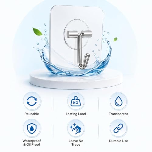 Image of KONVIO NEER Self Adhesive Wall Hanging Screw Hooks Heavy Duty Hanging Sticky Hooks for Kitchen, Bathroom, Decoration |Nail Free, Transparent Wall Screw Hooks (Hanging Hook, 20 Pack)