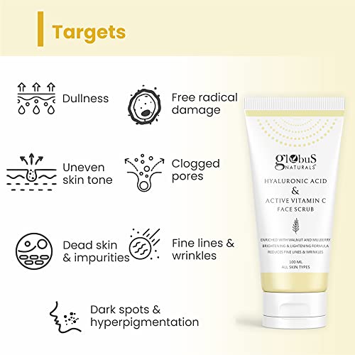 Image of Globus Naturals Hyaluronic Acid & Vitamin C Anti Ageing Face Scrub, Enriched with Rose & Glycerine, Skin Lightening & Brightening Formula, 100 gm