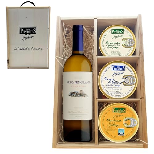 LOS PEPERETES Pack Gourmet Marisco Gallego con Vino Pazo Señorans | x2 Berberechos al Natural · x2 Navajas al Natural · x2 Mejillones a la Gallega | Estuche Lote Delicatessen Premium Latas Conserva