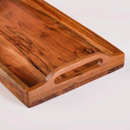 Image of Nestasia Wooden Serving Tray with Handles (36x20cm) - Acacia Wood Rectangular Brown Tray for Dining & Coffee Table | Platter for Serving Tea, Cakes, Snacks, Breakfast & Home Decor (Deep Brown)