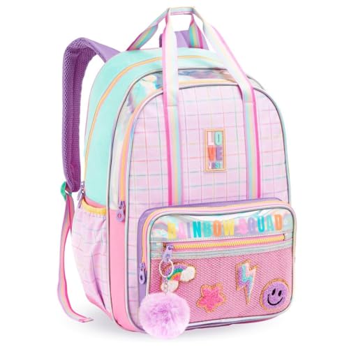 Mochila de Costas Escolar Infantil, Design Colorido para Meninas, Material Resistente, Múltiplos Bolsos (Mochila Escolar Rainbow Squad)