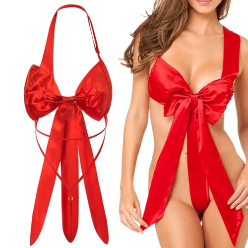 Satin Schleife Teddy Dessous Damen Sexy Reizwäsche, 1 Stück, Damen Sexy Reizwäsche mit Rot Schleife, V-Ausschnitt Rückenfrei Unterwäsche Pyjama,...