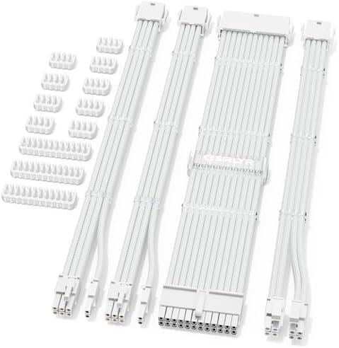 Sirlyr White 16AWG PSU Cable Extension Kit,24/8Pin,Pre-Install Combs