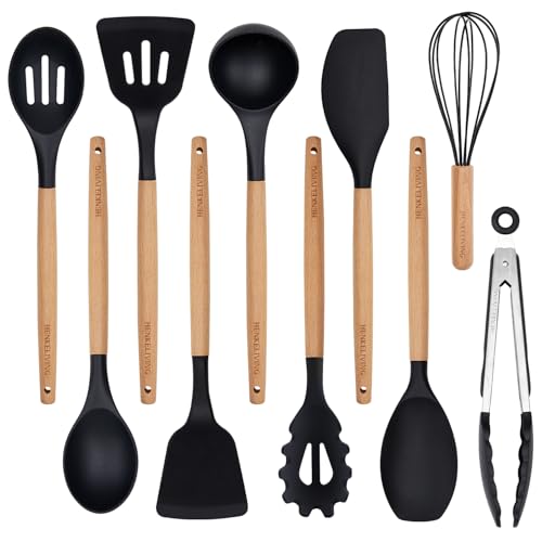 Silicone 10 Pcs Kitchen Cooking Utensils Set, Recycled Materials Certification, BPA Free Spatula Set with Heat Resistant Wood Handles for Nonstick Cookware, Black