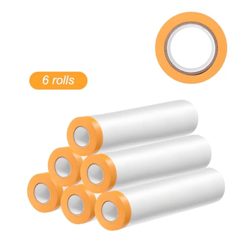 Image of HARFINGTON 6 Rolls Pre-Taped Masking Film 70.9 inch x65.6ft Tape and Drape Painters Plastic Drop Cloth Film with Tape Plastic Sheeting for Automotive Painting Covering