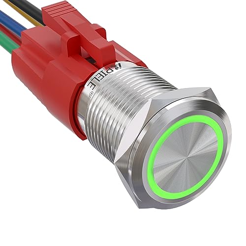 Image of APIELE 16mm Latching Push Button Switch 12VDC On Off Stainless Steel with LED Angel Eye Head for 0.63 inch Mounting Hole with Wire Socket Plug Self-Locking(Green)