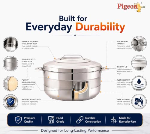 Image of Pigeon Galaxy Stainless Steel Casserole 5000ml | PU Puff Insulated Hot Pot | Keeps Food Hot for Hours | Durable Inner Steel Body | Ideal for Chapati, Rice & Curries