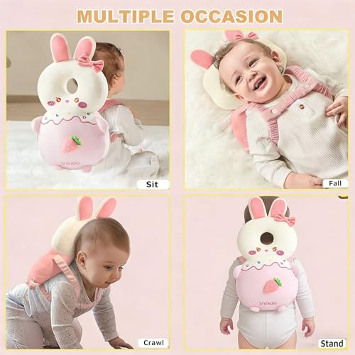 Image of Baby Head Protector Backpack, Toddler Baby Head Protection Backpack with Baby Knee Pads Alarm Function for Walking & Crawling, Soft, Breathable and Wearing Safety Baby Head Protector (Pink Rabbit)
