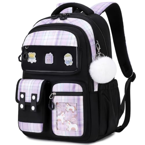 QIXIHU Kids Backpack for Girls - Kawaii School Backpack with Cartoon Pins & Pom Pom Charm - Lightweight Water Resistant Bookbag for Elementary Students - Travel Backpack with Luggage Strap - Black