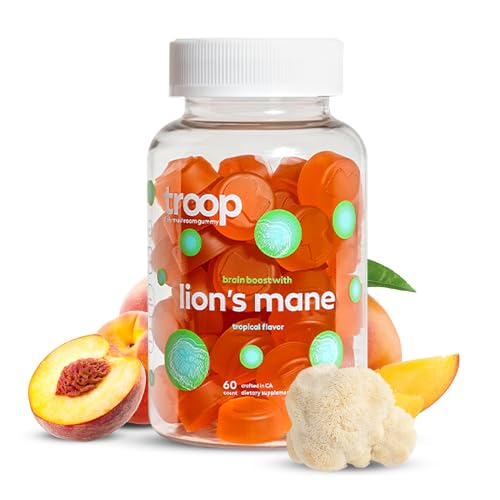 Troop Mushroom Lion's Mane Gummies, Supplement for Focus & Mood, Cognitive, Immune & Memory Support - Brain Boost, Natural Peach Mango Flavored Nootropic with Fruit Body Gummy - Vegan, 60 Count