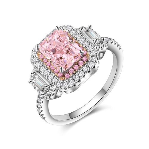 1 Carat 5 * 7mm Pink Emerald Cut Zirconia Sterling Silver Ring with Side Stones, Elegant Princess Cut Cubic Zirconia Engagement Ring for Women, Anniversary, Birthday Jewelry2