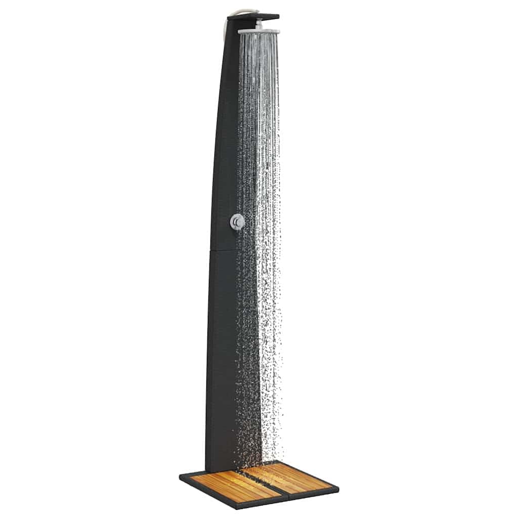Doccia da giardino nera in polyrattan e legno di acacia, 55 x 60 x 224 cm, con telaio in acciaio verniciato a polvere, per giardino, esterni, terrazza, estate, spa, vasca idromassaggio