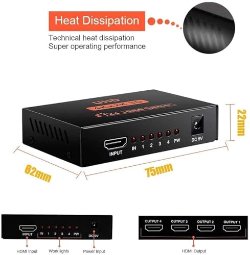 Image of Hdmi Splitter 1x4, HDMI Splitter 1 in 4 out, HDMI Splitter Supports Full HD1080P 4K and 3D, Compatible with Xbox PS3 /4 Roku Blu-Ray Player HDTV (1 X 4 HDMI SPLITTER)