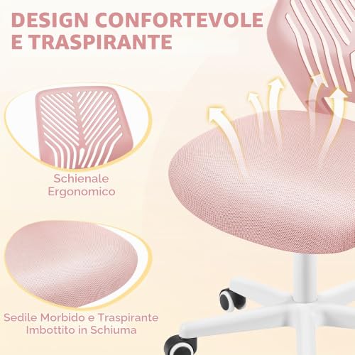 Yaheetech Sedia Ufficio Scrivania Senza Braccioli Regolabile Rosa Chiaro - Immagine 4