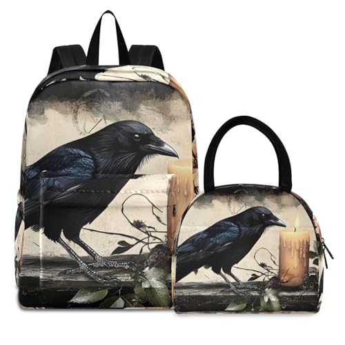 Backpack Lunch Bag Set Raven Gothic Print, Big Storage Travel Backpacks with Insulated Lunch Box for Office Hiking Picnic