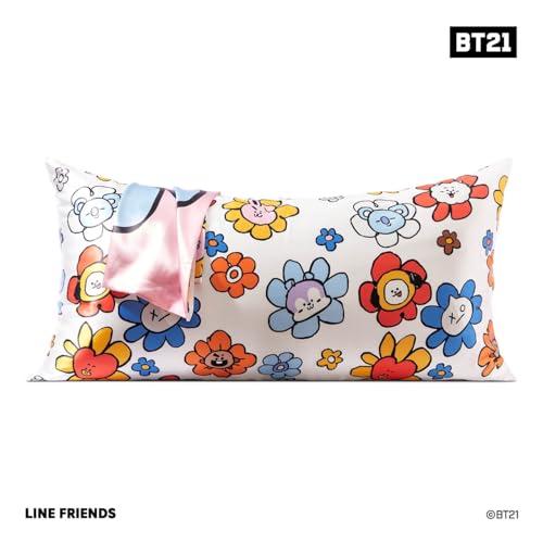 Kitsch x BT21 Satin Pillowcase with Zipper – Better Than Silk Pillowcase, Cooky Character & Funky Floral Print – Soft Cooling Toddler Bed Time Pillow Case for Hair & Skin – King Size 19x36
