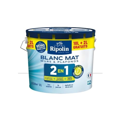 RIPOLIN Peinture Murs et Plafonds 2en1 Blanc mat 12L - 12 L