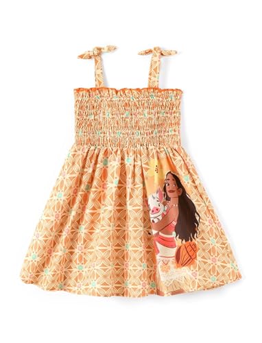 Disney Princess Moana Toddler Girl Dress Tribal-Inspired Sundress Bow Strap Smocked Summer Outfit Birthday Party Holiday Clothes Orange 4-5T
