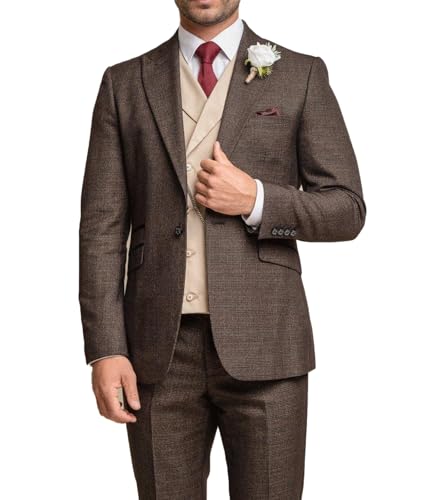 Mens 3 Piece Tailored Retro Plaid Tweed Suits Formal Slim Fit Autumn Winter Blazer Vest Pants for Wedding Grooms Prom