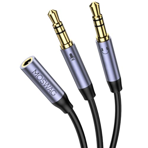 MOSWAG Headphone Mic Cable Splitter, 3.5mm Female to Dual 1/8 Male Audio Splitter for PC Gaming, 3.5mm Jack Audio Adapter 24K Gold-Plated with Noise Cancellation for Laptop/Speakers/Mic