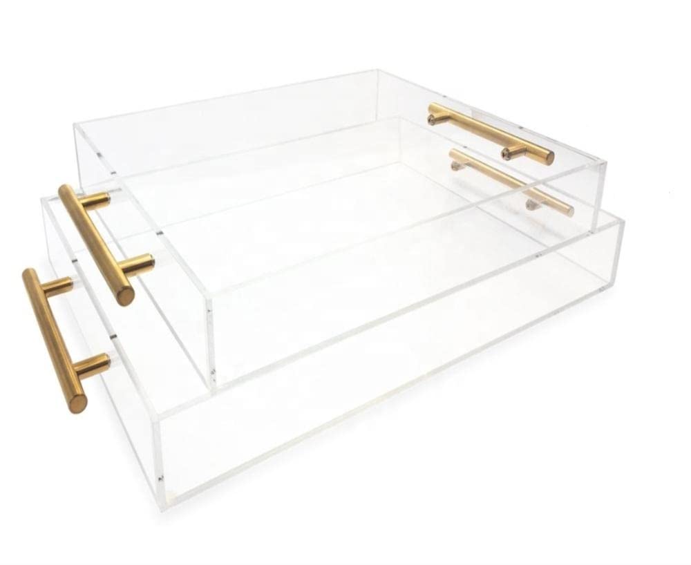 Acrylic Tray Set of 2 with Gold Plated Metal Handles,Rectangular Serving Trays | use as Jewelry,Perfume,Bathroom Essentials Organizer| Desserts,Vanity,Storage Tray | Home Decor | Gift