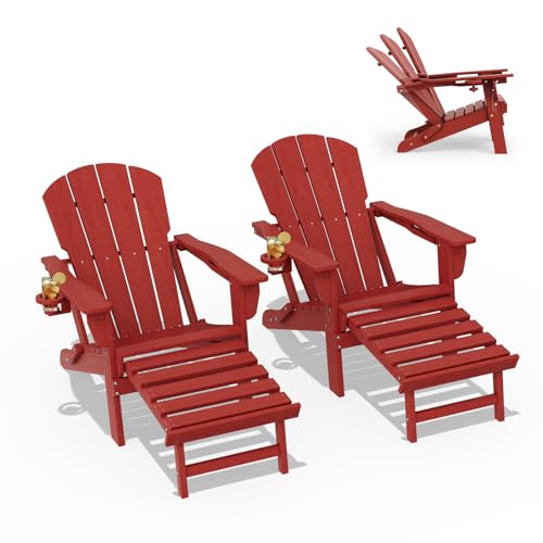 LOUNZY Folding Adjustable Adirondack Chair with Footrest Set of 2,HDPE Recliner Adirondack Chair with Cup Holder for Deck Lawn Fire Pit，Red 2 pcs-wi