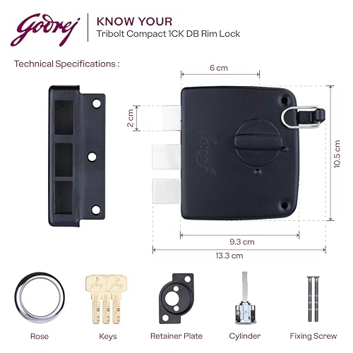 Image of Godrej Tribolt Compact 1CK LB | for Inside /Outside Opening Wooden Doors | 60mm Backset | Reversible Latch | 3 Keys | Puller Ring Anti-Lockout | Textured Black Finish | 5 Year Warranty