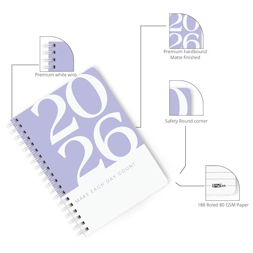 Image of PAPBOO A5 Handy, Hardcover, Hardbound 2026 Diary with Calendar, Easy to Carry White Spiral Wiro Notebook: 80 GSM Paper, Ruled, 188 Pages, Journal, Diary, Gift (Purple)