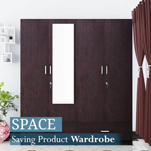 Image of VIKI Wardrobe | Wooden Almirah for 4 Door Wardrobe with 2 Split Drawer & Hanging Space with Mirror (Dark Wenge - 40D x 160W x 180.8H) | 1 Year Warranty | Free Assembly