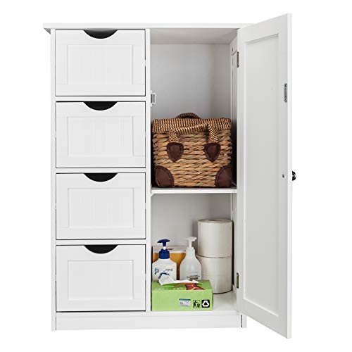 Bathroom-Storage-Cabinet-White-Freestanding-Floor-Storage-Cupboard-Adjustable-Shelf-with-4-Drawers-and-1-Door-for-Home-Office Bathroom Storage Cabinet White Freestanding Floor Storage Cupboard Adjustable Shelf with 4 Drawers and 1 Door for Home Office
