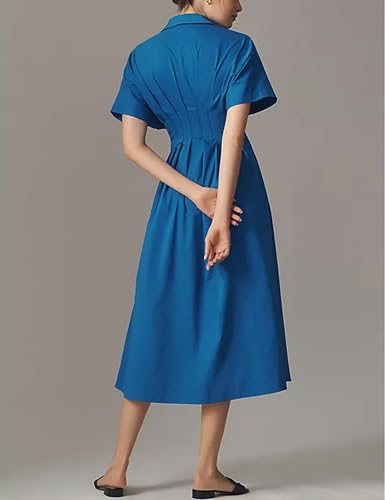 Image of Yeokou Shirt Dress for Women Summer Casual Short Sleeve Button Down Loose Pleated Maxi Sundress with Pockets