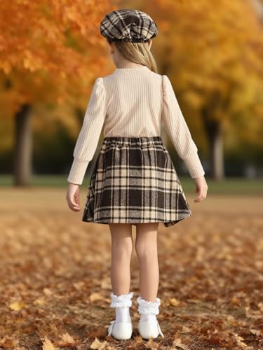 Image of Toddler Girl Outfits Puff Sleeve Ribbed Shirt Knitted Tops Pleated Plaid Skirt Set with Hat 3Pcs Fall Winter Clothes