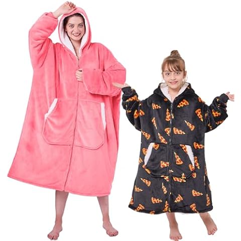 JOYWOO Kids Wearable Blanket Hoodie, Pizza Oversized Sherpa Hooded Blanket Birthday Christmas Gifts for Girl Boy, Cozy Sweatshirt Blanket with Giant Pocket and Zipper,Pink Cover