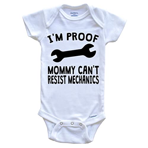 Really Awesome Shirts I'm Proof Mommy Can't Resist Mechanics One Piece Baby Bodysuit - Funny Baby Bodysuit, 0-3 Months White