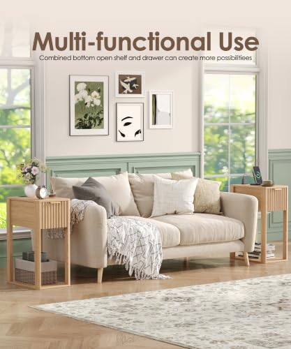 Image of Akxomel Narrow Nightstand Set 2 with Charging Station Fluted Table Oak