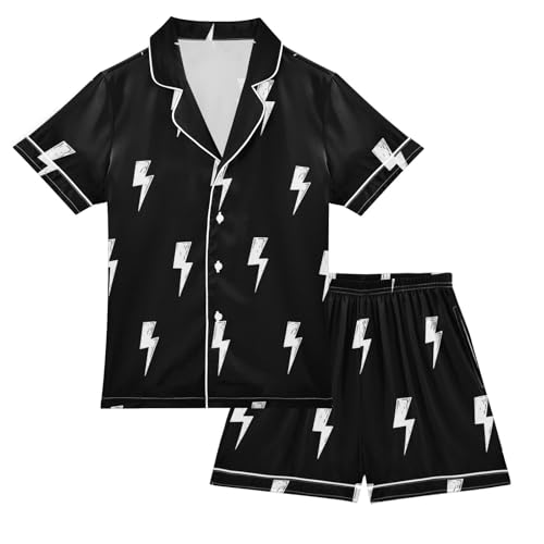 Satin Pajama Sets Short Sleeve Lightning Bolt Pattern Print Button Down Silky Nightwear 2 Piece PJS 5-14Y