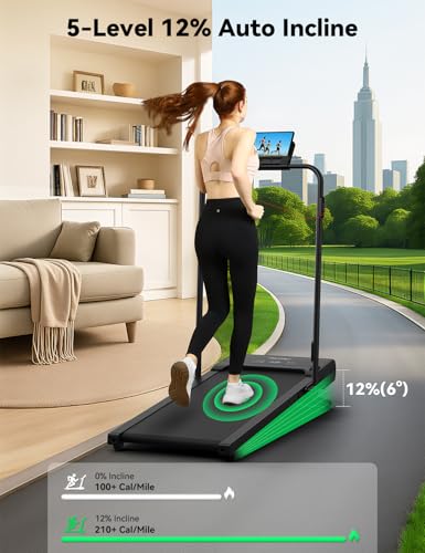 Image of FelFast Walking Pad Treadmill, 12% 5-Level Auto Incline, 2-in-1 Under Desk Foldable w /Remote Control, 12 HIIT Mode, 265 Lbs, 7.6 MPH Max, Portable Treadmill for Office Home