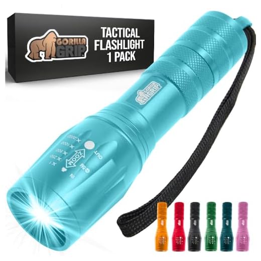 Gorilla Grip Powerful LED 750 FT Water Resistant 5 Adjustable Mode Tactical Flashlight, High Lumens Ultra Bright Battery Life Zoom Flashlights, Small Camping Car Mini Flash Light Accessories Turquoise