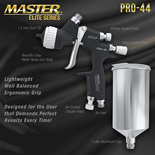 Master Elite PRO-44 Series High Performance HVLP Spray Gun with 1.3mm Tip with Air Pressure Regulator Gauge - Ideal for Automotive Basecoats, Clearcoats - Advanced Atomization Technology