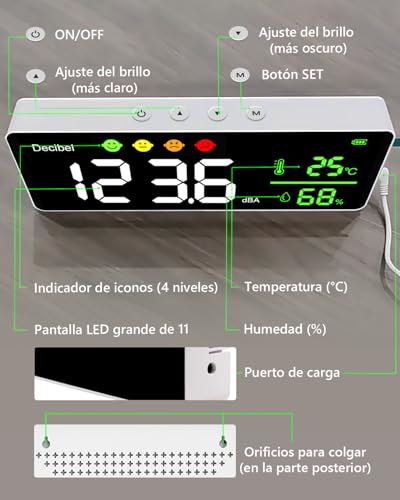 Miniatura 5 de Digital Medidor De Decibelios, 3in1 Sonómetro 30-130db 1.5db , Medidor Nivel Sonido Con Temperatura Y Humedad, Volumen Ruido Tester Pantalla Lcd 11 Para Hogar, Habitación Del Bebé, Biblioteca