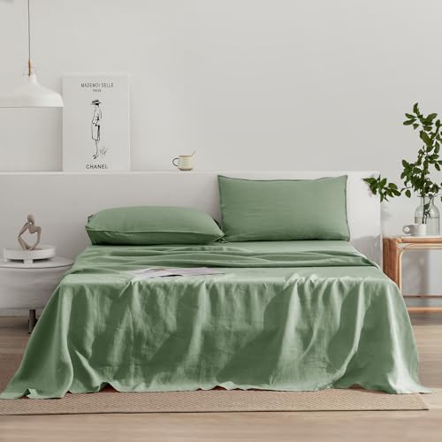EVERLY Linen Sheets Set King Size,100% French Stonewash Pure Linen Sheets Set,4Pieces (1Flat Sheet,1Fitted Sheet,2Pillowcase) Suitable for Hot Sleepers,Deep Pocket Natural Bedding Set-Saga Green-King