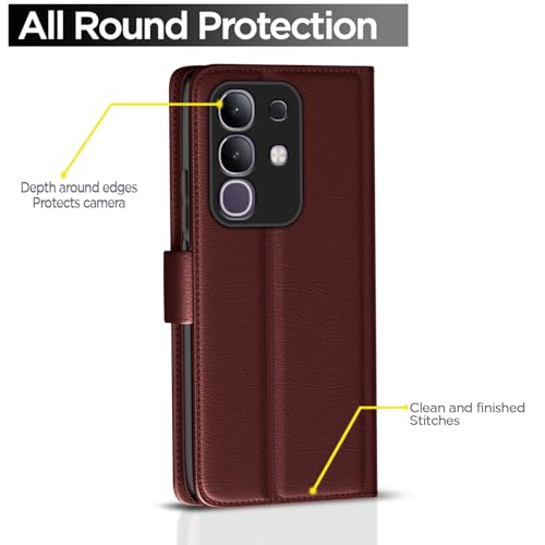Image of Amazon Basics Flip Cover for Vivo T4x 5G / iQoo Z10x 5G Leather Finish | Wallet Stand and Shock Proof | Inside TPU with Card Pockets | Complete Protection Flip Case(Brown)