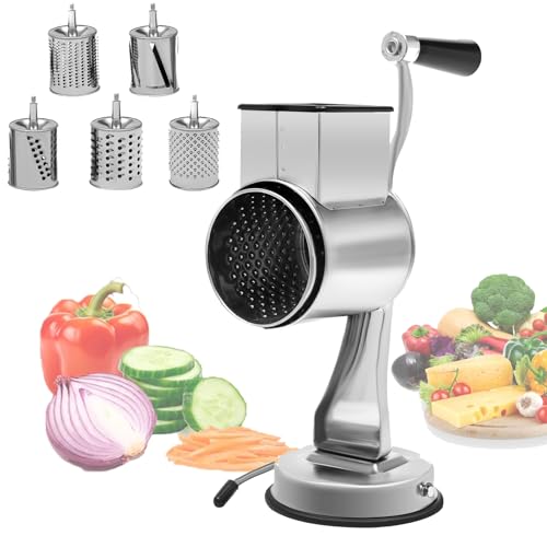 5-In-1 Stainless Steel Rotary Vegetable Cheese Grater Potato Slicer, Countertop Cheese Grater Manual Kitchen Shredder Round Food Chopper with Blades for Cafeterias Restaurants Hotels